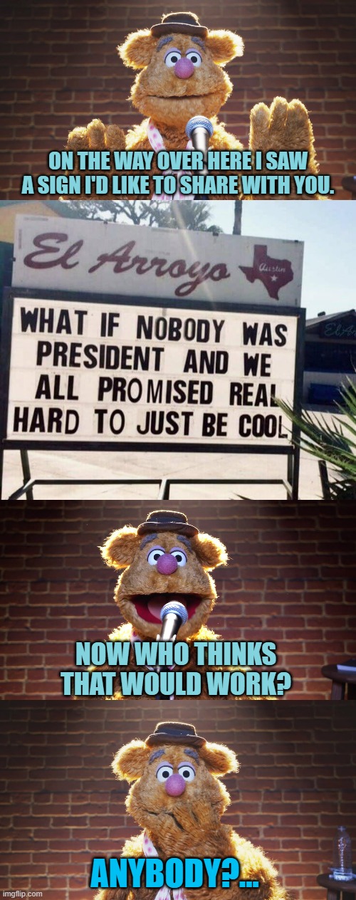 ON THE WAY OVER HERE I SAW A SIGN I'D LIKE TO SHARE WITH YOU. NOW WHO THINKS THAT WOULD WORK? ANYBODY?... | image tagged in memes,nobody,president,we,promises,too cool | made w/ Imgflip meme maker