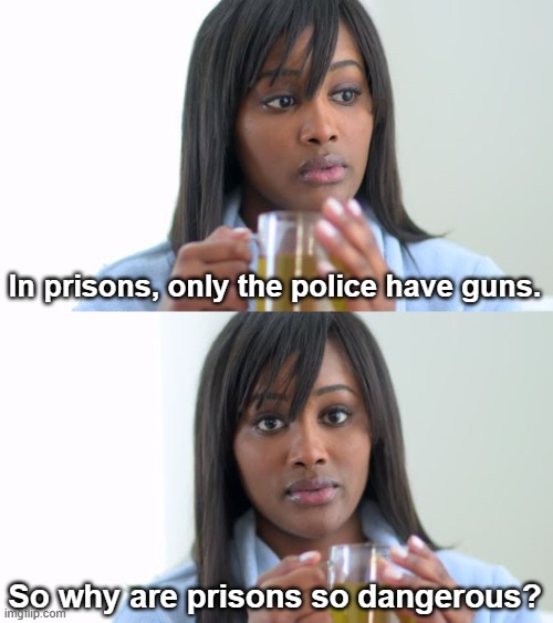 Black Woman Drinking Tea (2 Panels) | In prisons, only the police have guns. So why are prisons so dangerous? | image tagged in black woman drinking tea 2 panels | made w/ Imgflip meme maker