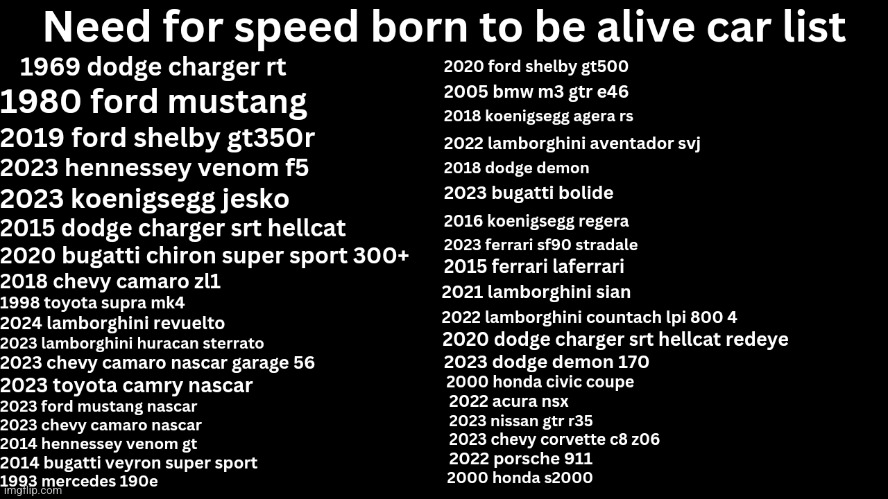 Need for speed born to be alive car list | image tagged in need for speed,cars | made w/ Imgflip meme maker