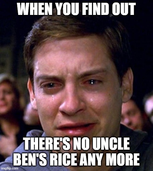 crying peter parker | WHEN YOU FIND OUT; THERE'S NO UNCLE BEN'S RICE ANY MORE | image tagged in crying peter parker,uncle ben,rice | made w/ Imgflip meme maker