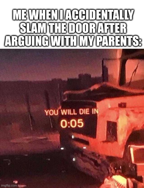 You will die in 0:05 | ME WHEN I ACCIDENTALLY SLAM THE DOOR AFTER ARGUING WITH MY PARENTS: | image tagged in you will die in 0 05 | made w/ Imgflip meme maker
