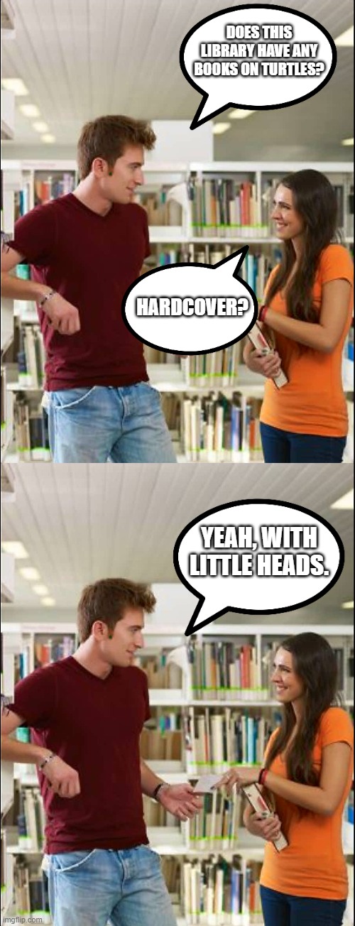 DOES THIS LIBRARY HAVE ANY BOOKS ON TURTLES? HARDCOVER? YEAH, WITH LITTLE HEADS. | image tagged in library | made w/ Imgflip meme maker