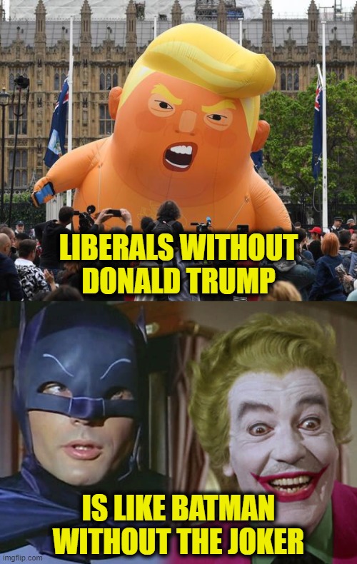 Hate for Trump is all they got | LIBERALS WITHOUT
DONALD TRUMP; IS LIKE BATMAN WITHOUT THE JOKER | image tagged in donald trump,leftists | made w/ Imgflip meme maker