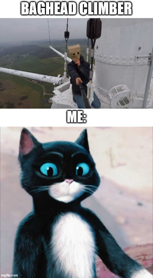 Baghead climber, meme | BAGHEAD CLIMBER; ME: | image tagged in baghead,kitty,gato,puss in boots,lattice climbing,tower | made w/ Imgflip meme maker
