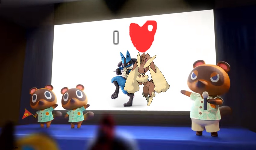 Tom nook is a huge fan of Lucario and Lopunny as a couple | I | image tagged in animal crossing presentation,pokemon | made w/ Imgflip meme maker