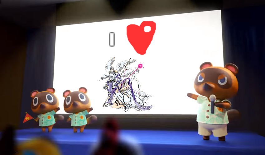 Tom nook is a huge fan of Angemon and Angewomon as a couple | I | image tagged in animal crossing presentation | made w/ Imgflip meme maker
