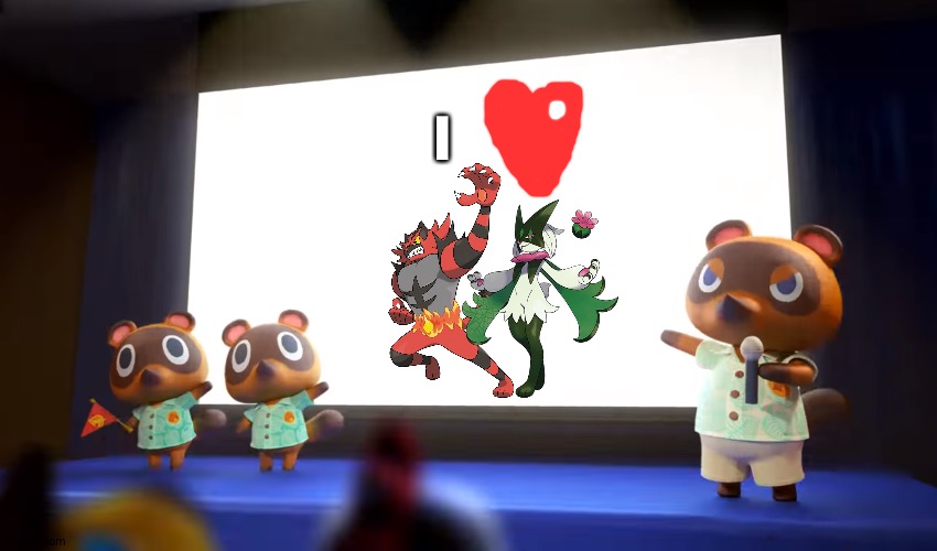 Tom nook is a huge fan of Incineroar and Meowscarada as a couple | I | image tagged in animal crossing presentation | made w/ Imgflip meme maker