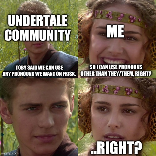 Totally what Toby had in mind. | UNDERTALE COMMUNITY; ME; TOBY SAID WE CAN USE ANY PRONOUNS WE WANT ON FRISK. SO I CAN USE PRONOUNS OTHER THAN THEY/THEM, RIGHT? ..RIGHT? | image tagged in anakin padme 4 panel | made w/ Imgflip meme maker