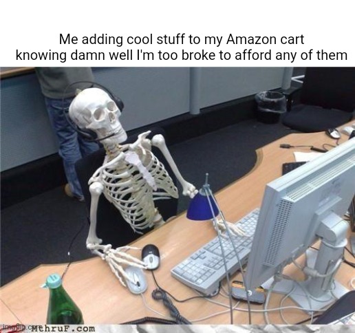 I do it all the time lol | Me adding cool stuff to my Amazon cart knowing damn well I'm too broke to afford any of them | image tagged in waiting skeleton | made w/ Imgflip meme maker