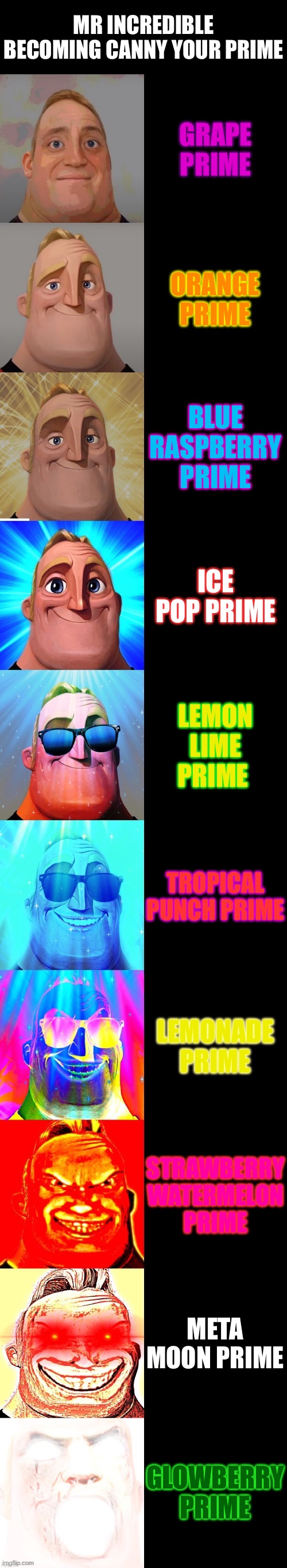 Mr Incredible Becoming Canny Your Prime | MR INCREDIBLE BECOMING CANNY YOUR PRIME; GRAPE PRIME; ORANGE PRIME; BLUE RASPBERRY PRIME; ICE POP PRIME; LEMON LIME PRIME; TROPICAL PUNCH PRIME; LEMONADE PRIME; STRAWBERRY WATERMELON PRIME; META MOON PRIME; GLOWBERRY PRIME | image tagged in mr incredible becoming canny | made w/ Imgflip meme maker