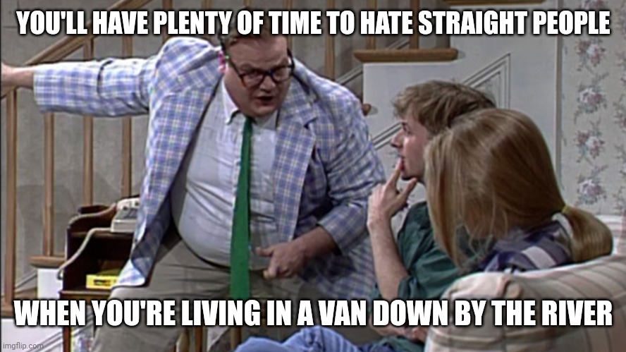 that'll show em | YOU'LL HAVE PLENTY OF TIME TO HATE STRAIGHT PEOPLE; WHEN YOU'RE LIVING IN A VAN DOWN BY THE RIVER | image tagged in matt foley | made w/ Imgflip meme maker