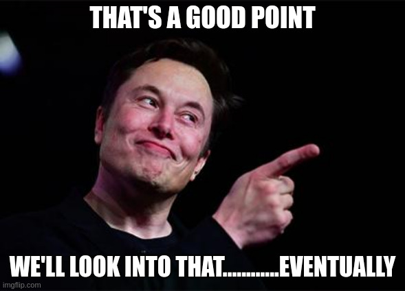 Elon musk | THAT'S A GOOD POINT; WE'LL LOOK INTO THAT............EVENTUALLY | image tagged in elon musk | made w/ Imgflip meme maker
