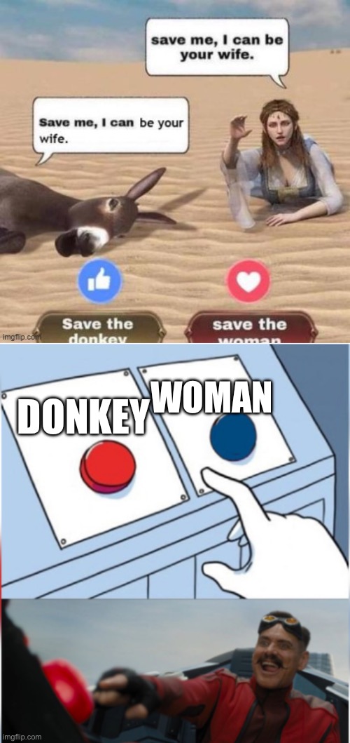 I’m saving the donkey | WOMAN; DONKEY | image tagged in robotnik pressing red button | made w/ Imgflip meme maker