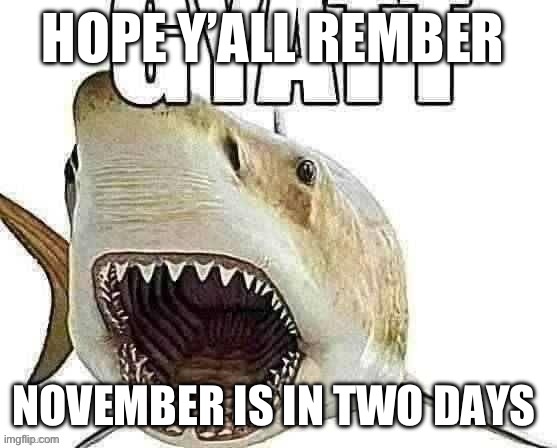 No more Peyton no more boobs | HOPE Y’ALL REMBER; NOVEMBER IS IN TWO DAYS | image tagged in shark gyatt | made w/ Imgflip meme maker