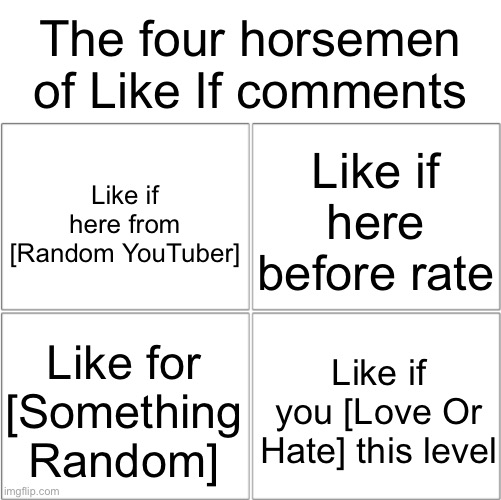 Some weren’t included for obvious reasons | The four horsemen of Like If comments; Like if here before rate; Like if here from [Random YouTuber]; Like for [Something Random]; Like if you [Love Or Hate] this level | image tagged in the 4 horsemen of,geometry dash | made w/ Imgflip meme maker