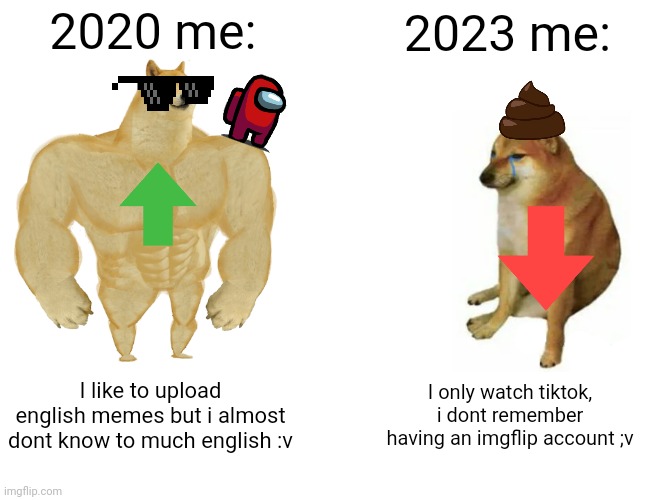 2020 me vs 2023 me | 2020 me:; 2023 me:; I like to upload english memes but i almost dont know to much english :v; I only watch tiktok, i dont remember having an imgflip account ;v | image tagged in memes,buff doge vs cheems | made w/ Imgflip meme maker