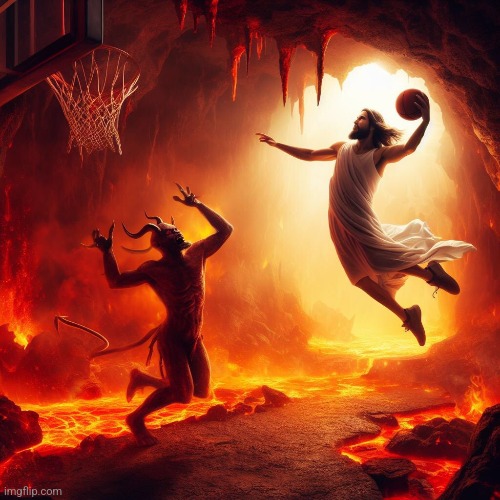 Badass image of Jesus dunking on Satan: | image tagged in jesus,satan | made w/ Imgflip meme maker