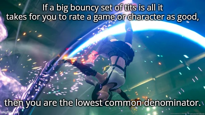 Sorry not sorry | If a big bouncy set of tits is all it takes for you to rate a game or character as good, then you are the lowest common denominator. | image tagged in tifa jumping | made w/ Imgflip meme maker