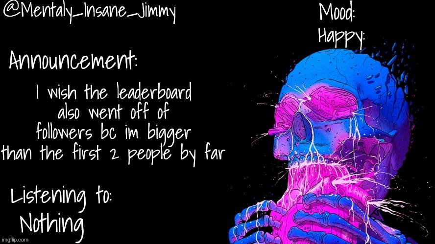 Jimmys Ms_Memer_Group announcement template | Happy:; I wish the leaderboard also went off of followers bc im bigger than the first 2 people by far; Nothing | image tagged in jimmys ms_memer_group announcement template | made w/ Imgflip meme maker