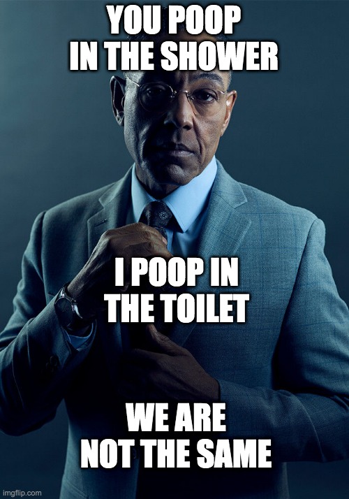 Gus Fring we are not the same | YOU POOP IN THE SHOWER; I POOP IN THE TOILET; WE ARE NOT THE SAME | image tagged in gus fring we are not the same | made w/ Imgflip meme maker
