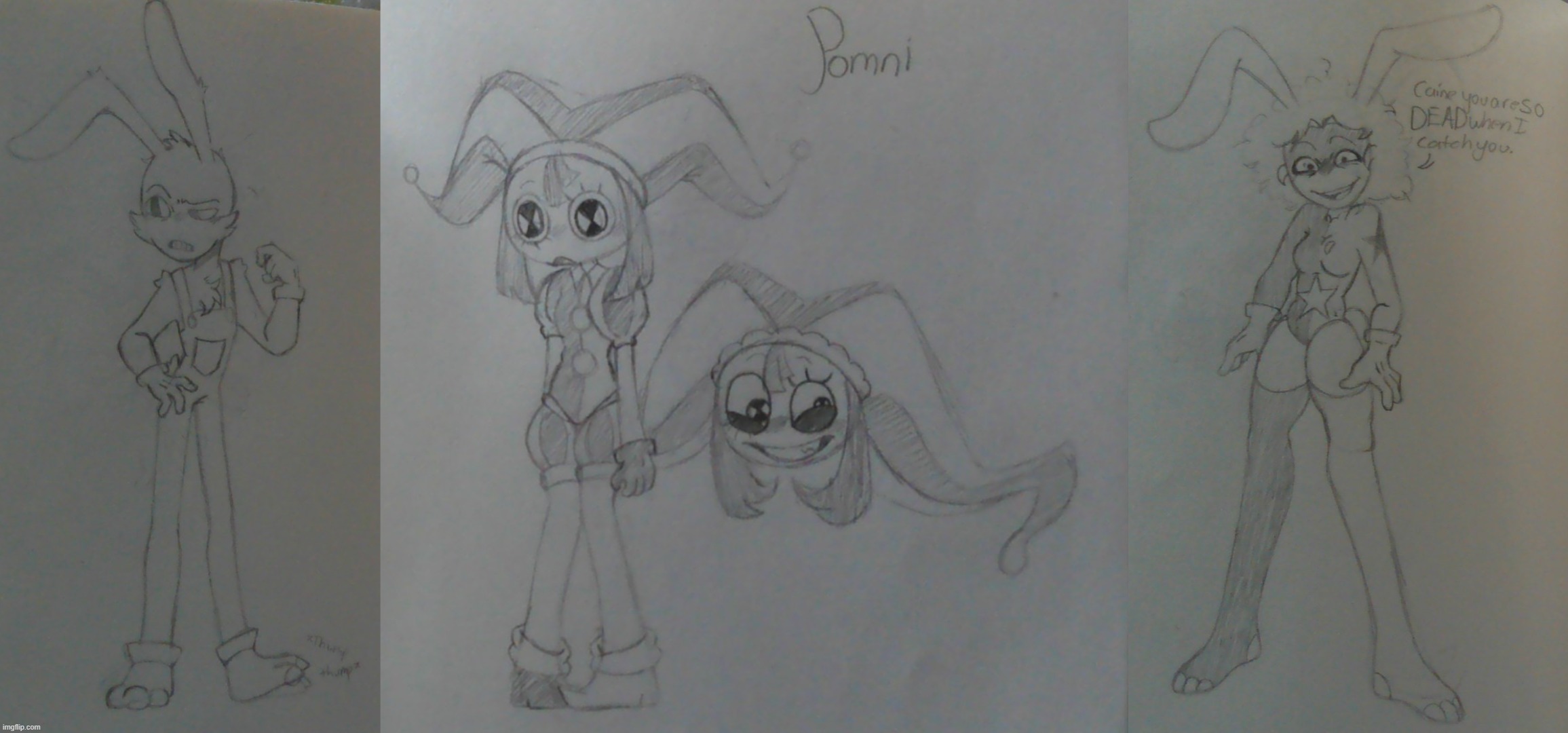 First time draw Pomni + Bonus of my OC getting turned into a bunny girl (Caine you dickhead) | image tagged in jax thumps his foot like a rabbit,jax is so cute,my hubbie frfr,the amazing digital circus | made w/ Imgflip meme maker