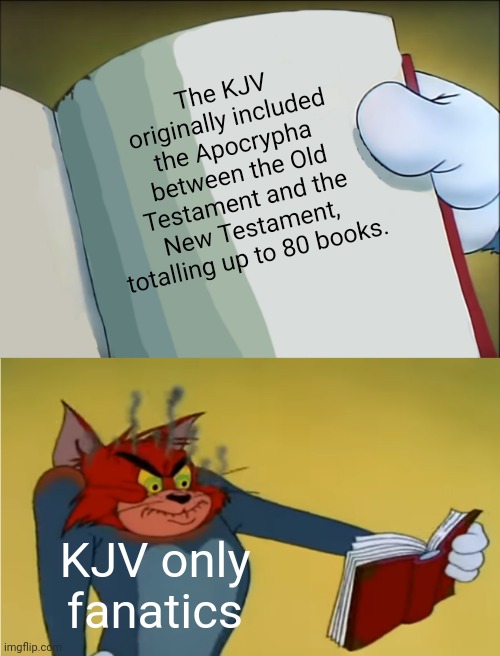The KJV may be the best but some people just need to chill | The KJV originally included the Apocrypha between the Old Testament and the New Testament, totalling up to 80 books. KJV only fanatics | image tagged in angry tom reading book,bible,holy bible,scriptures,apocrypha,kjv | made w/ Imgflip meme maker