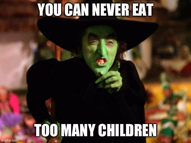 wicked witch  | YOU CAN NEVER EAT; TOO MANY CHILDREN | image tagged in wicked witch | made w/ Imgflip meme maker