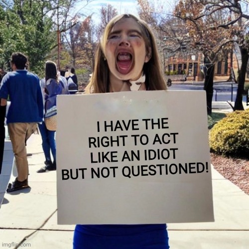 Screaming Bigmouth Protester | I HAVE THE RIGHT TO ACT LIKE AN IDIOT BUT NOT QUESTIONED! | image tagged in screaming bigmouth protester | made w/ Imgflip meme maker