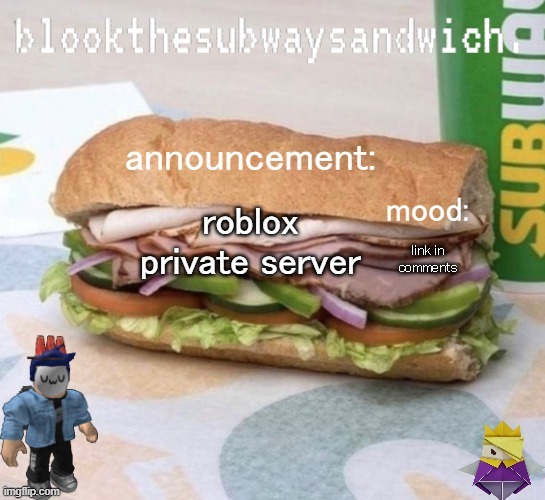 I'll also link my profile so you can add me | roblox private server; link in comments | image tagged in blook subway temp | made w/ Imgflip meme maker