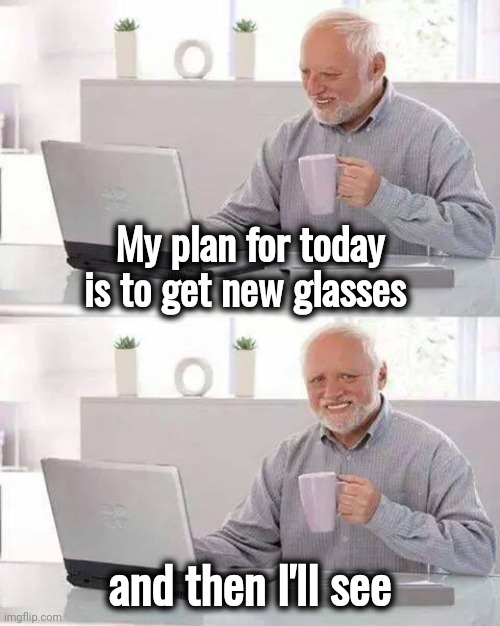 A Nod is as good as a Wink to a blind horse | My plan for today is to get new glasses; and then I'll see | image tagged in memes,hide the pain harold,vision,spectacles,see nobody cares,i see this as an absolute win | made w/ Imgflip meme maker
