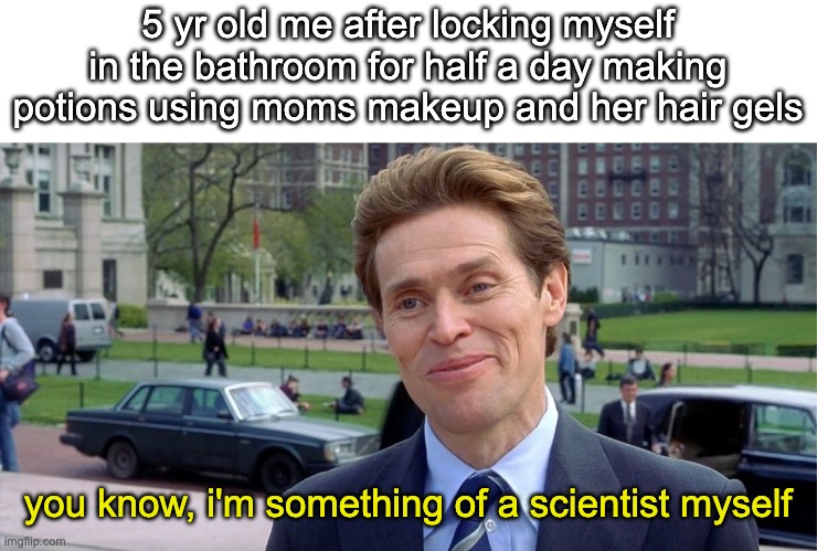 sorry mom | 5 yr old me after locking myself in the bathroom for half a day making potions using moms makeup and her hair gels; you know, i'm something of a scientist myself | image tagged in you know i'm something of a scientist myself | made w/ Imgflip meme maker