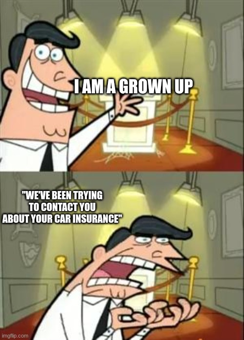 not only car insurance | I AM A GROWN UP; "WE'VE BEEN TRYING TO CONTACT YOU ABOUT YOUR CAR INSURANCE" | image tagged in memes,this is where i'd put my trophy if i had one | made w/ Imgflip meme maker