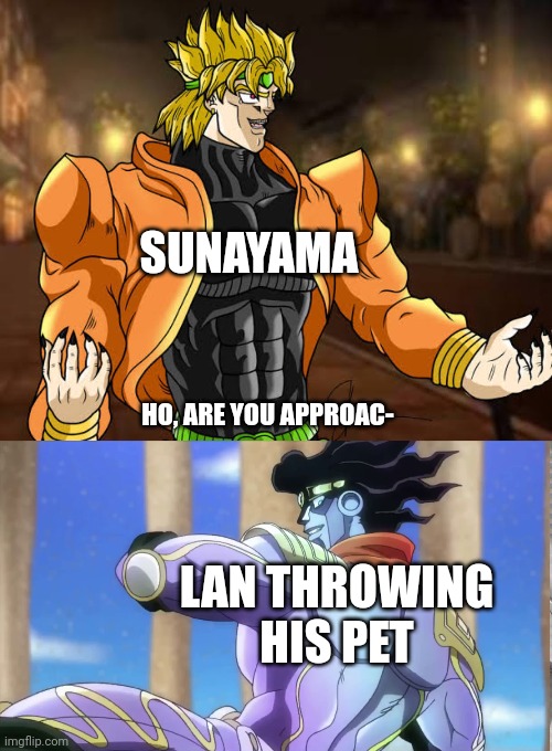 Well... that works | SUNAYAMA; HO, ARE YOU APPROAC-; LAN THROWING HIS PET | image tagged in megaman battle network,jojo's bizarre adventure | made w/ Imgflip meme maker