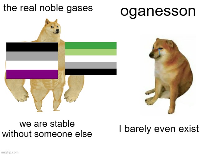 Buff Doge vs. Cheems Meme | the real noble gases; oganesson; we are stable without someone else; I barely even exist | image tagged in memes,buff doge vs cheems,chemistry,school,chemistrymemes | made w/ Imgflip meme maker