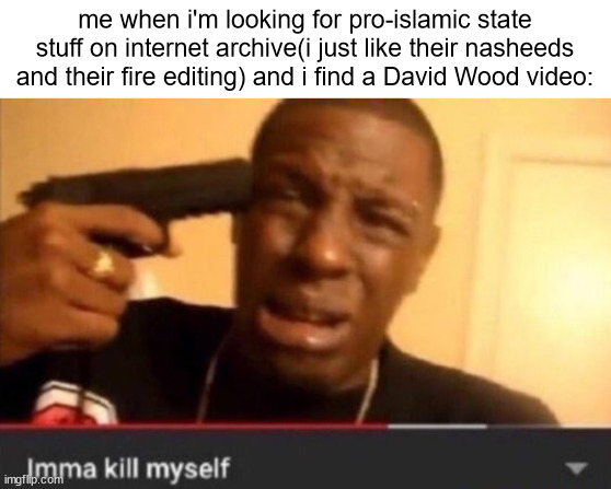 Jihadism is the dominant idelogy on that site so it surprises me when i find anti-islamic content. | me when i'm looking for pro-islamic state stuff on internet archive(i just like their nasheeds and their fire editing) and i find a David Wood video: | image tagged in imma kill myself | made w/ Imgflip meme maker