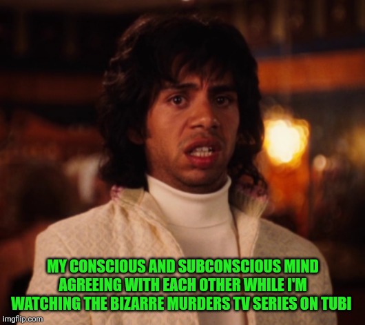 Funny | MY CONSCIOUS AND SUBCONSCIOUS MIND AGREEING WITH EACH OTHER WHILE I'M WATCHING THE BIZARRE MURDERS TV SERIES ON TUBI | image tagged in funny | made w/ Imgflip meme maker