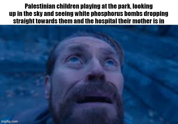 Willen Dafoe Looking Up (image) | Palestinian children playing at the park, looking up in the sky and seeing white phosphorus bombs dropping straight towards them and the hos | image tagged in willen dafoe looking up image | made w/ Imgflip meme maker