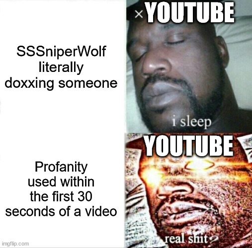 youtube | YOUTUBE; SSSniperWolf literally doxxing someone; YOUTUBE; Profanity used within the first 30 seconds of a video | image tagged in memes,sleeping shaq,youtube,sssniperwolf,doxxing,i sleep real shit | made w/ Imgflip meme maker