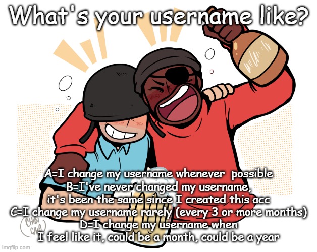 soldier and demo | What's your username like? A=I change my username whenever  possible
B=I've never changed my username, it's been the same since I created this acc
C=I change my username rarely (every 3 or more months)
D=I change my username when I feel like it, could be a month, could be a year | image tagged in soldier and demo | made w/ Imgflip meme maker