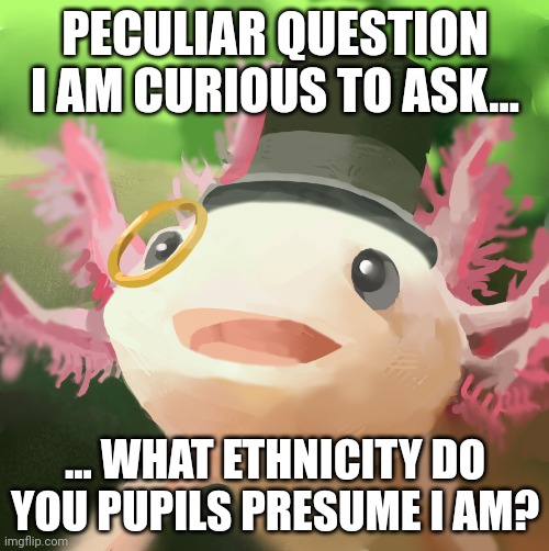 I am not African nor Asian! | PECULIAR QUESTION I AM CURIOUS TO ASK... ... WHAT ETHNICITY DO YOU PUPILS PRESUME I AM? | image tagged in dapper axolotl | made w/ Imgflip meme maker