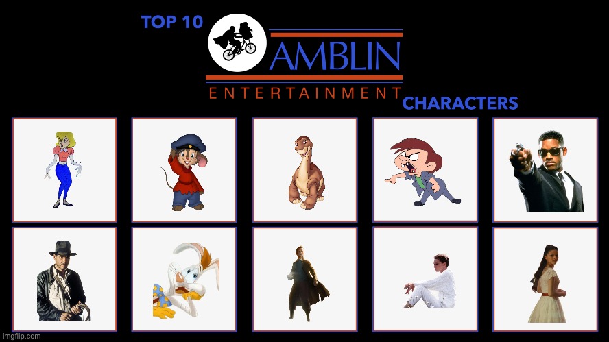 Brandon's Top 10 Amblin Entertainment Characters | image tagged in men in black,roger rabbit,disney,universal,paramount,nickelodeon | made w/ Imgflip meme maker