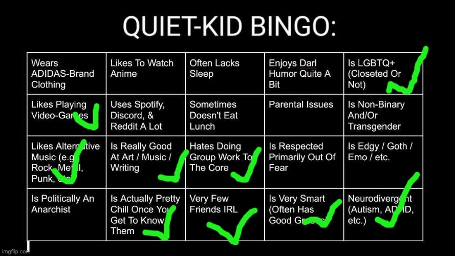 I’m not quiet quiet but still | image tagged in quiet kid bingo,memes | made w/ Imgflip meme maker