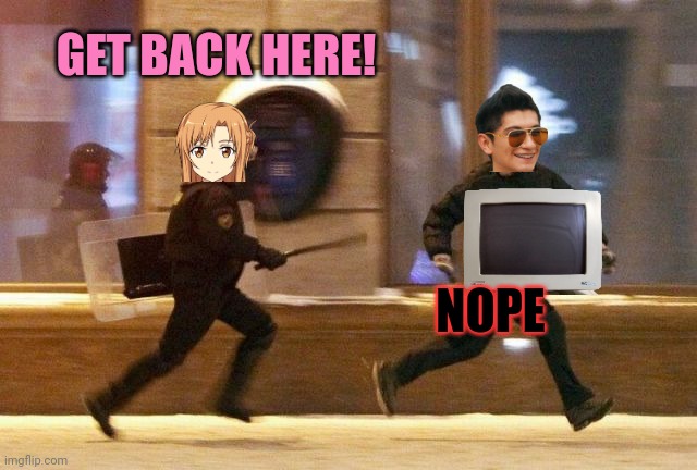 Police Chasing Guy | GET BACK HERE! NOPE | image tagged in police chasing guy | made w/ Imgflip meme maker