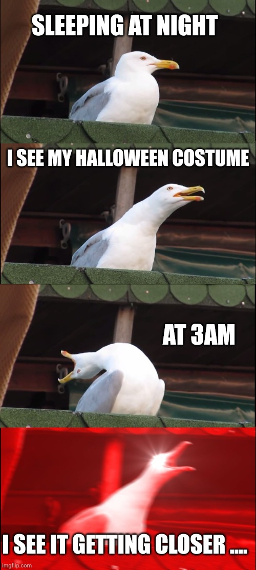 Fr, I know bru? | SLEEPING AT NIGHT; I SEE MY HALLOWEEN COSTUME; AT 3AM; I SEE IT GETTING CLOSER .... | image tagged in memes,inhaling seagull | made w/ Imgflip meme maker