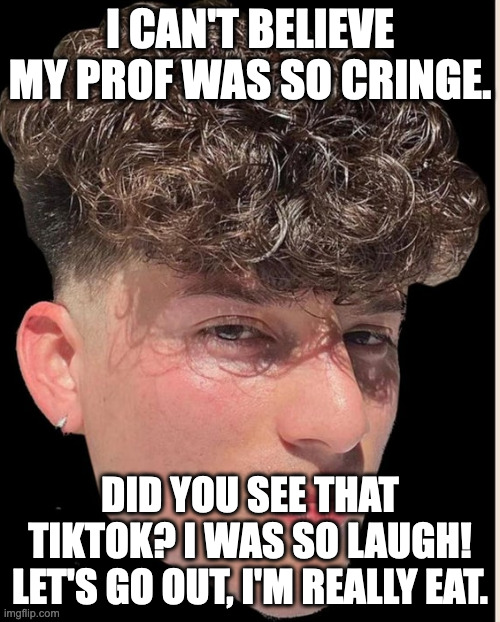 Gen Z | I CAN'T BELIEVE MY PROF WAS SO CRINGE. DID YOU SEE THAT TIKTOK? I WAS SO LAUGH! LET'S GO OUT, I'M REALLY EAT. | image tagged in gen z | made w/ Imgflip meme maker