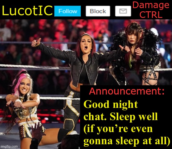 . | Good night chat. Sleep well (if you’re even gonna sleep at all) | image tagged in lucotic's damage ctrl announcement temp | made w/ Imgflip meme maker