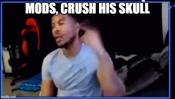 Mods ban him | MODS, CRUSH HIS SKULL | image tagged in mods ban him | made w/ Imgflip meme maker