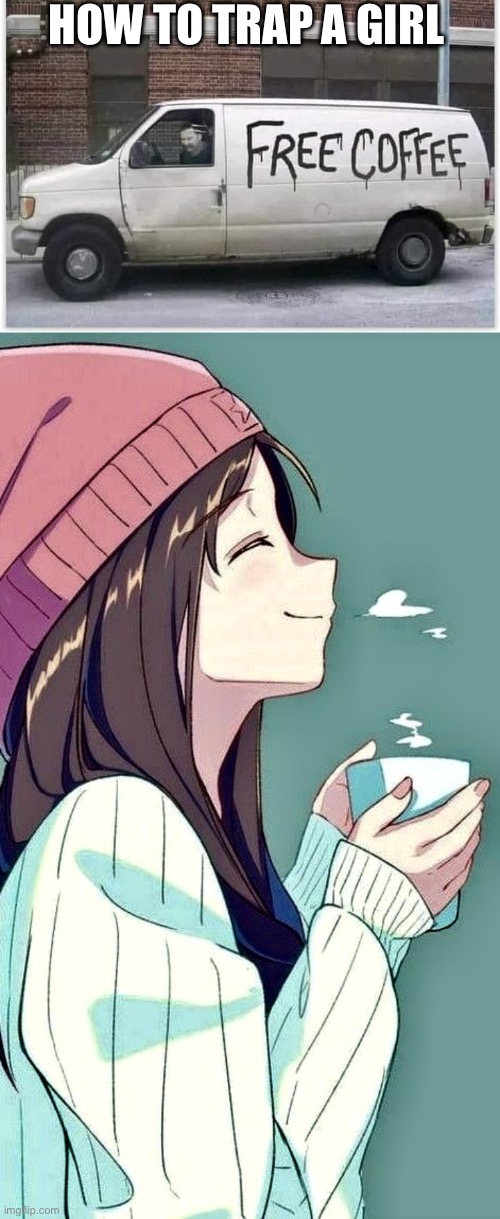 HOW TO TRAP A GIRL | image tagged in anime girl with coffee,caffeine,trap,girl,white van | made w/ Imgflip meme maker