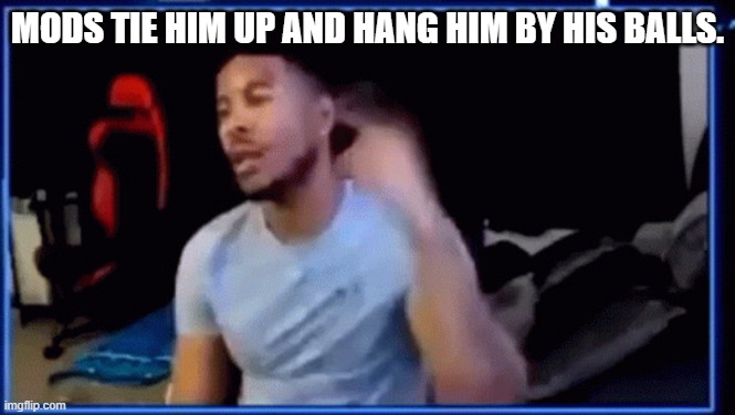 Mods ban him | MODS TIE HIM UP AND HANG HIM BY HIS BALLS. | image tagged in mods ban him | made w/ Imgflip meme maker