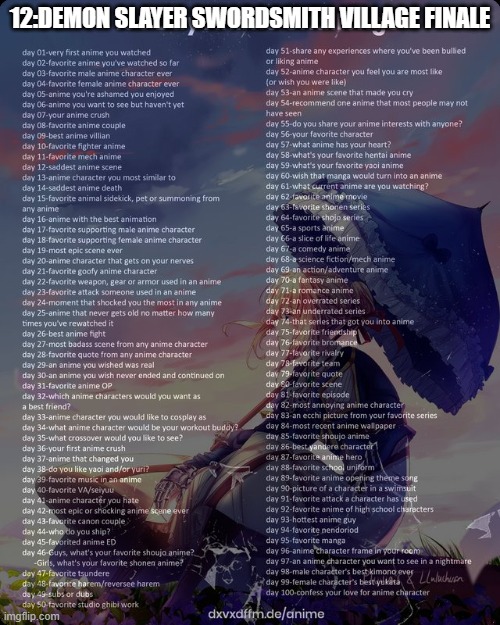 100 day anime challenge | 12:DEMON SLAYER SWORDSMITH VILLAGE FINALE | image tagged in 100 day anime challenge | made w/ Imgflip meme maker